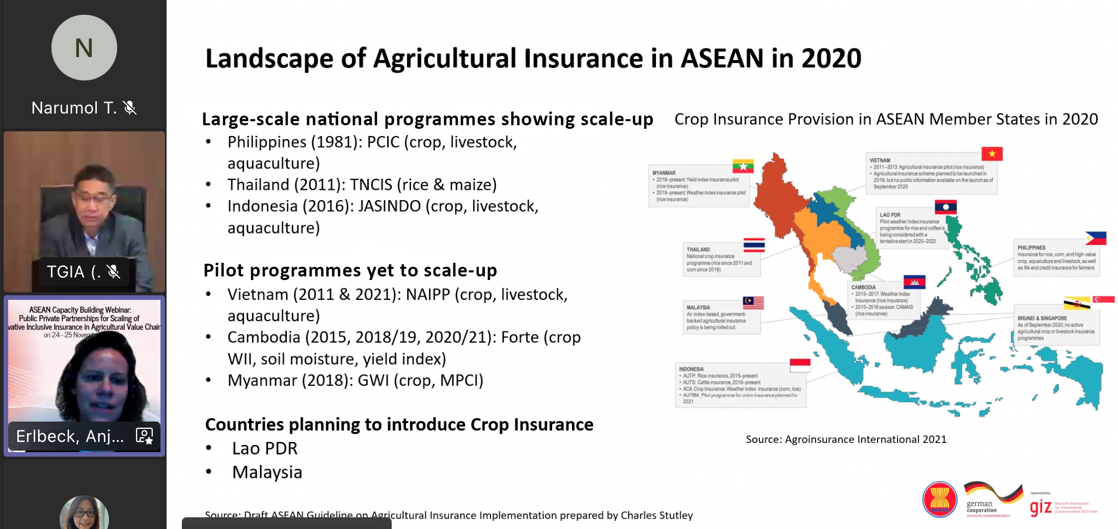 Anja Erlbeck, GIZ Director of the Climate Risk Financing in Cooperation with ASEAN presented the landscape of agricultural insurance in ASEAN.