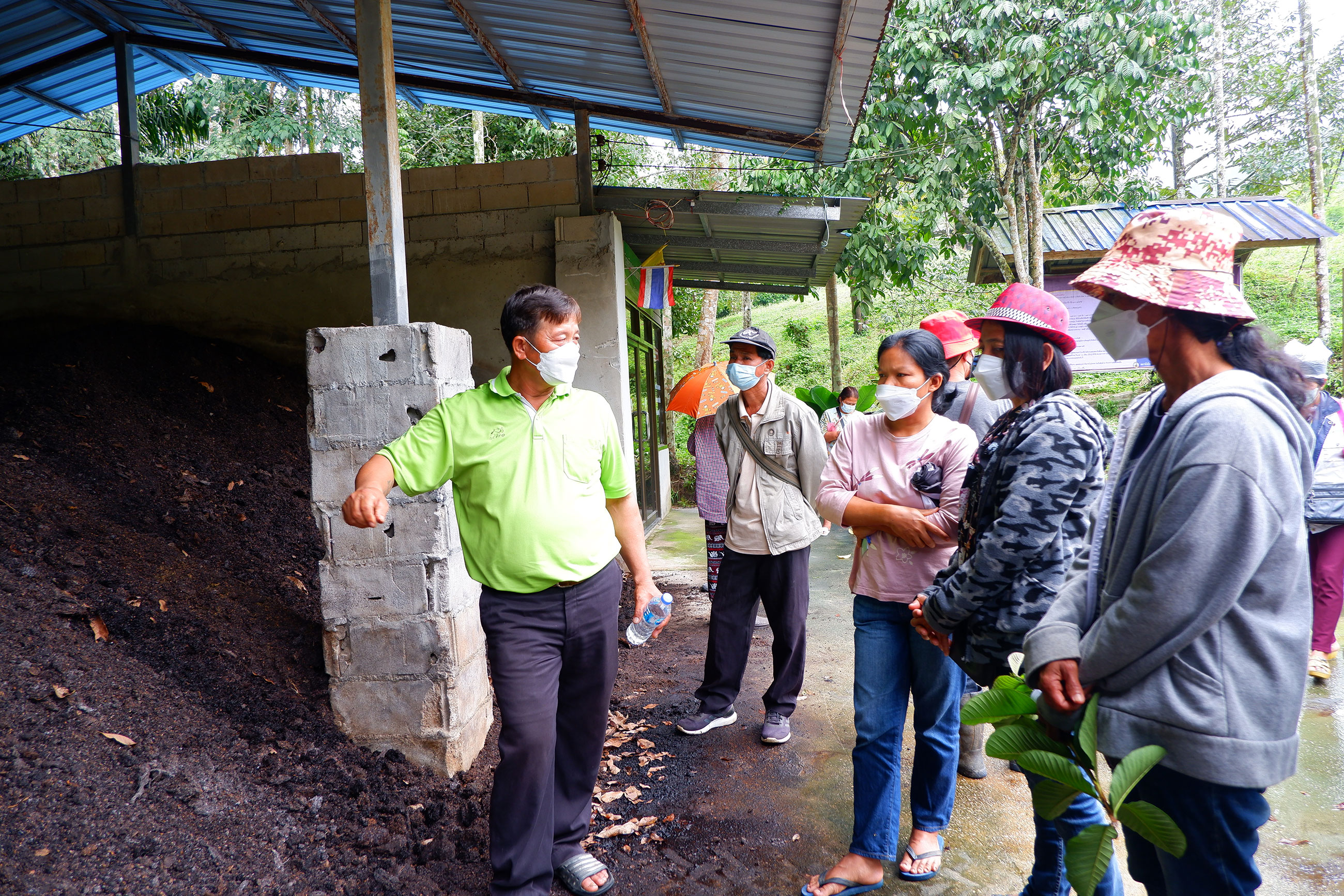 Mr. Samruay Khunthongnoi Leader of The Community Fertilizer Soil Management Center, explained to farmer members from Huai Nai Roi Community Coffee Farmer Group the step by step process of making compost from the coffee husks